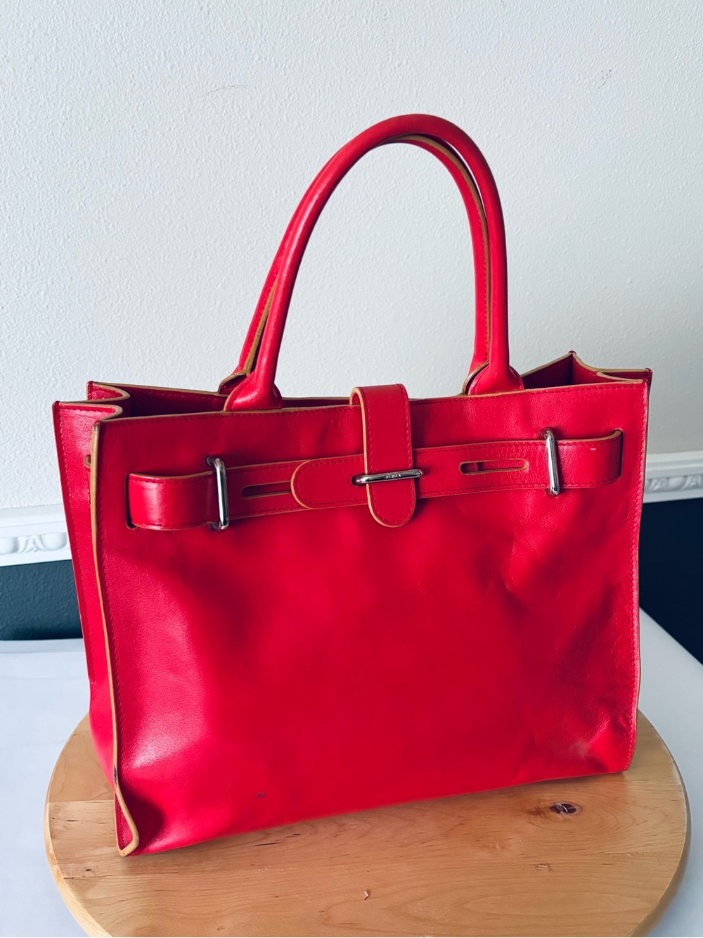 Furla Vintage Italian Cherry Red Leather Tote with Belt-Style Accent - Picture 3 of 9